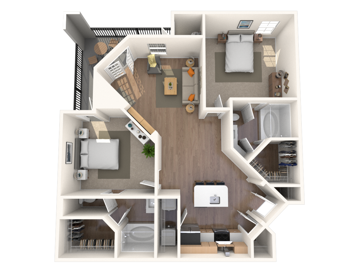 Floor plan for 2 beds, 2 baths, 972 sqft